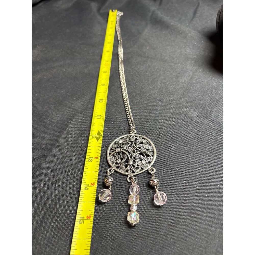 Silver Tone Filigree Medallion Pendant Necklace Iridescent Crystal Beads Boho - Picture 3 of 3